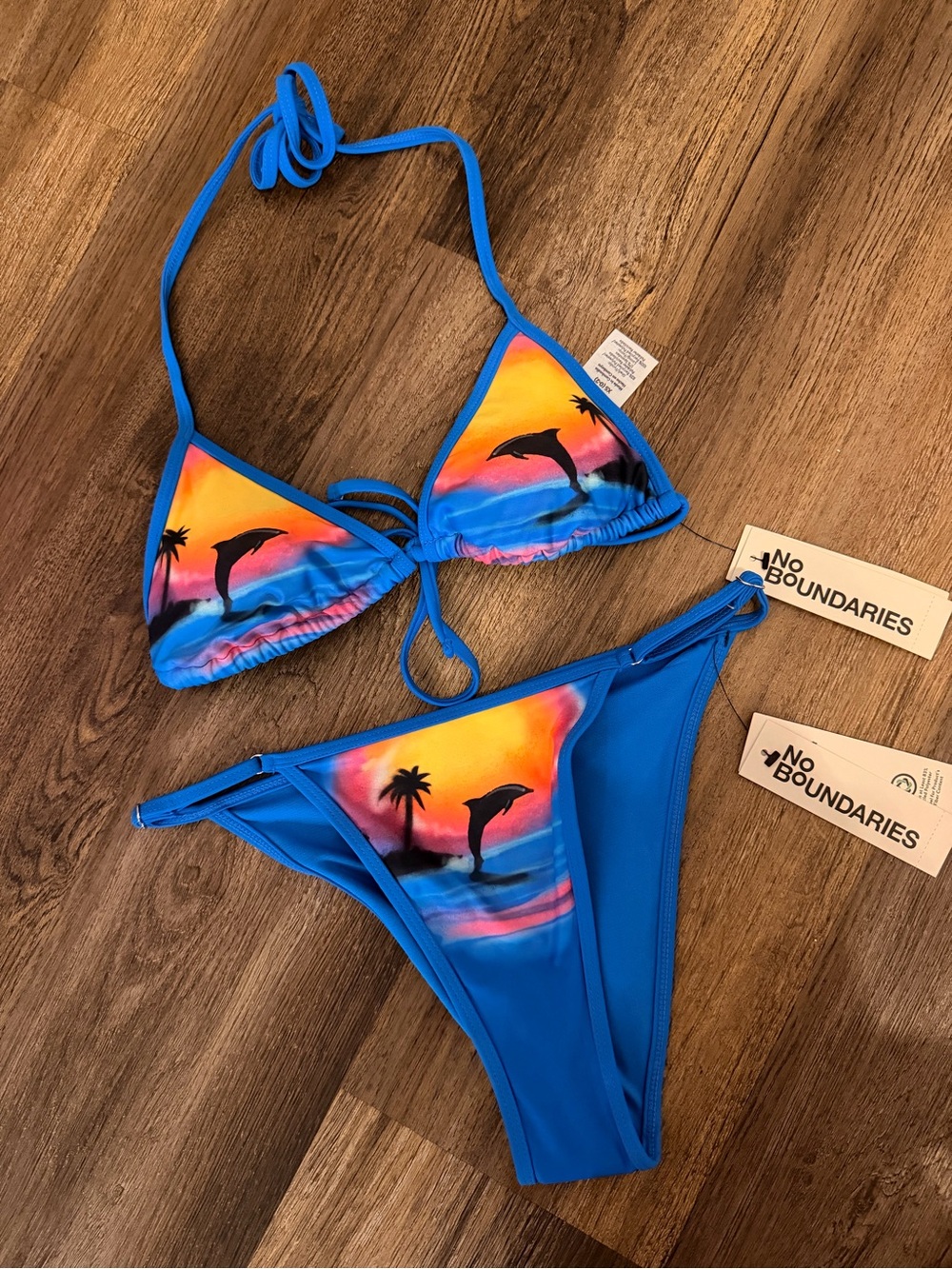 No Boundaries Blue Dolphin Sunset Triangle Bikini Set XS/S NWT